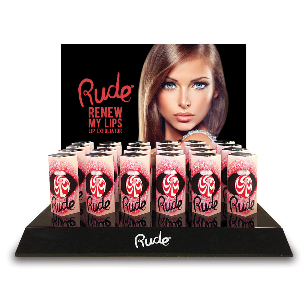 RUDE Renew My Lips Lip Exfoliator Acrylic Display Set, 24 Pieces